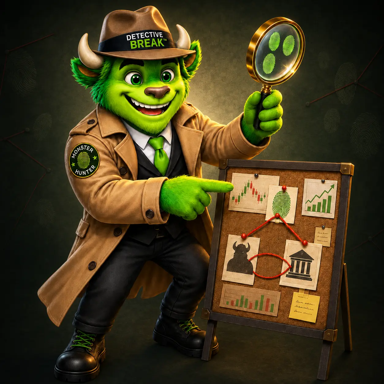 Detective Break presenting evidence on an investigation board