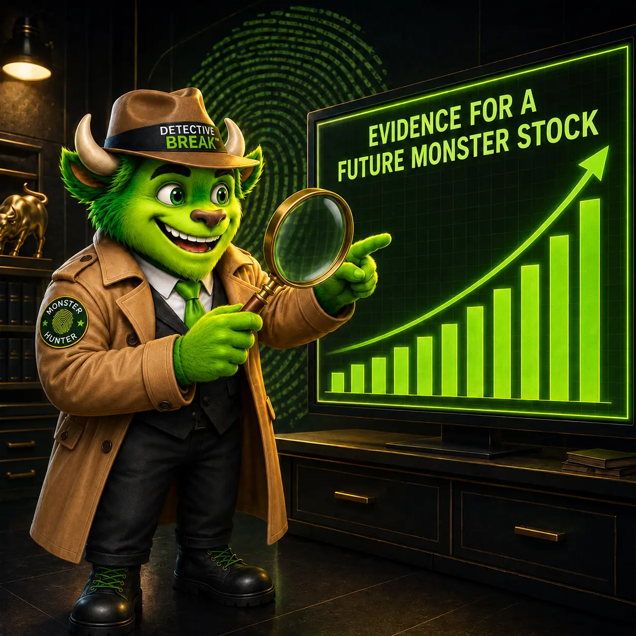 Detective Break studying evidence for a future Monster stock on a rising chart