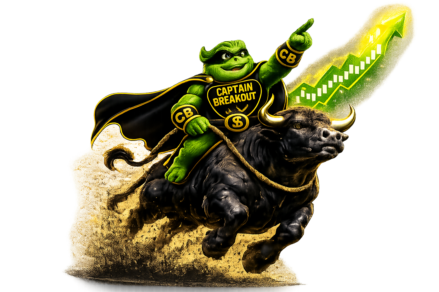 Captain Breakout riding a charging bull with a rising stock-chart arrow
